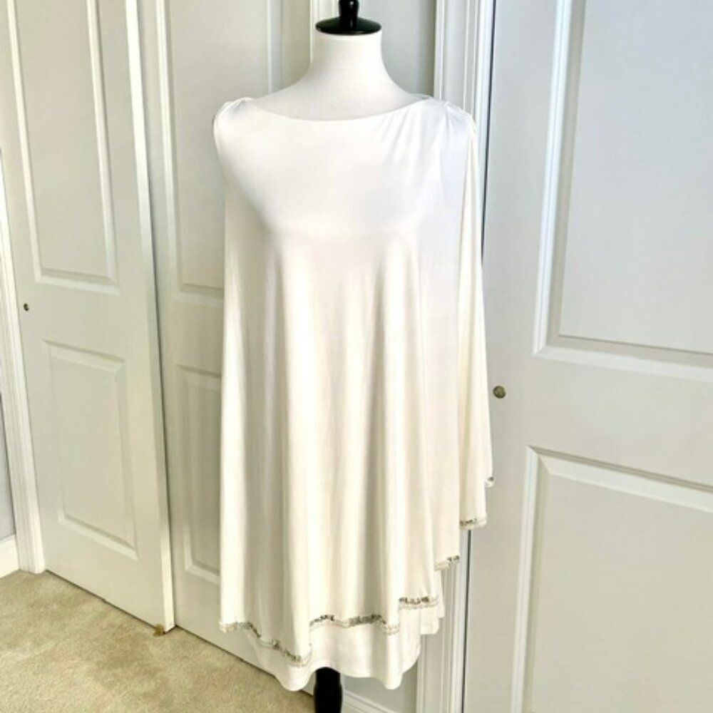 Mikael Aghal Cream Beaded One Shoulder Cape Dress Size 12